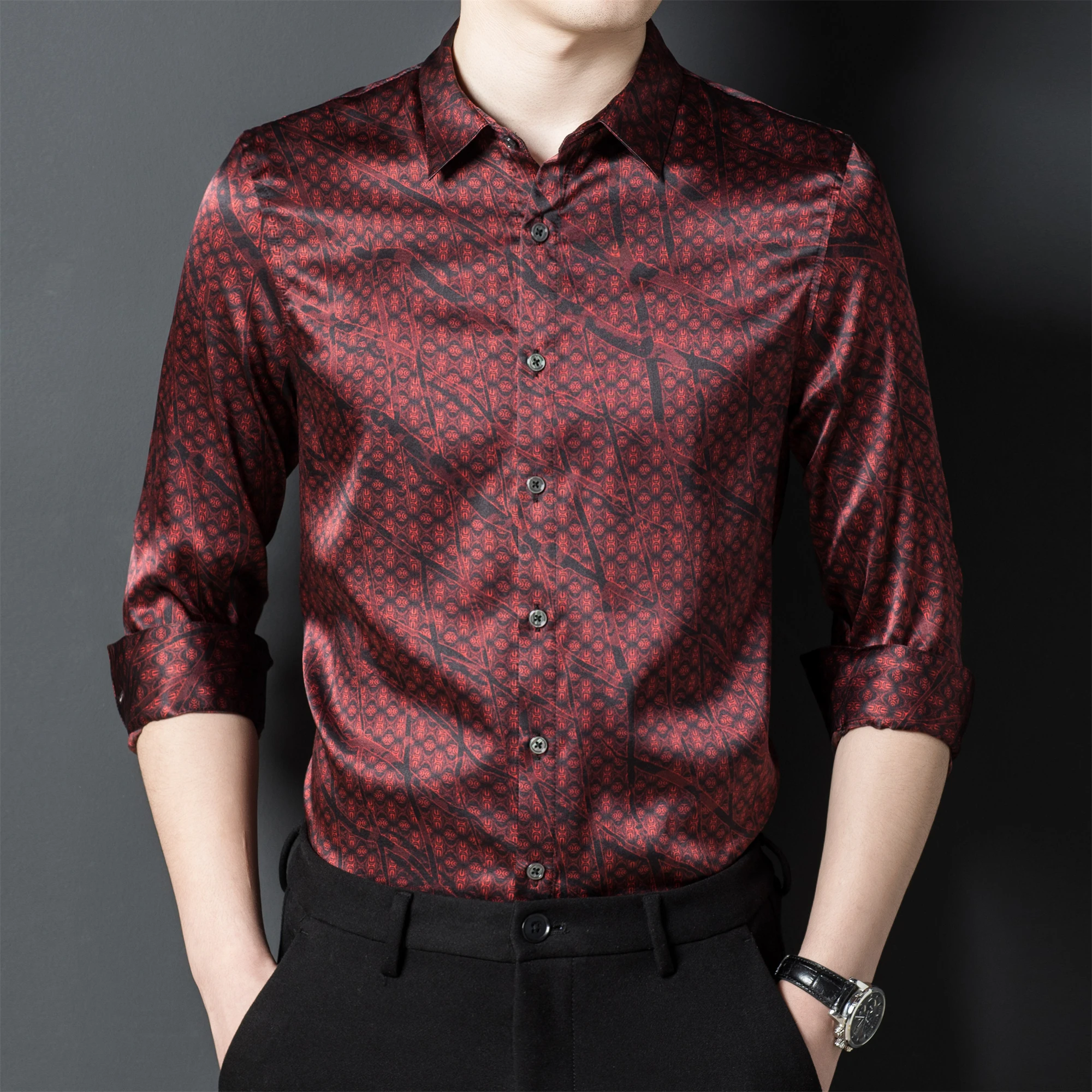 

Business Casual Real Silk Shirt Men Designer Clothes Long Sleeve Spring Quality Smooth Comfortable Fashion Cool Camisa Masculina