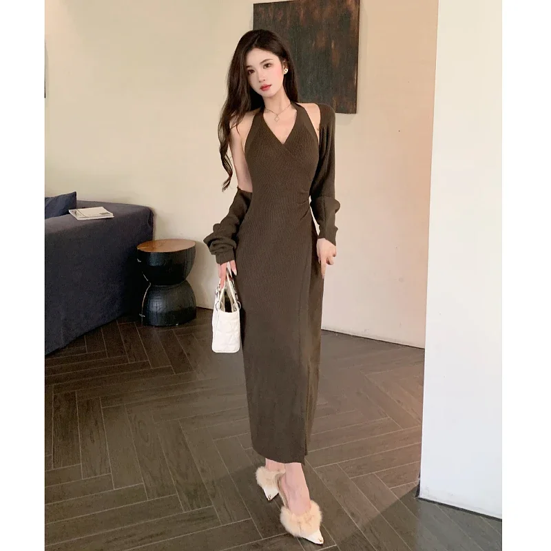 

Women's Sweet Hot Girl Sexy Suit Autumn and Winter Knitted Strap Dress Long-sleeved Shawl 2-Piece Set Female Clothes Fashion