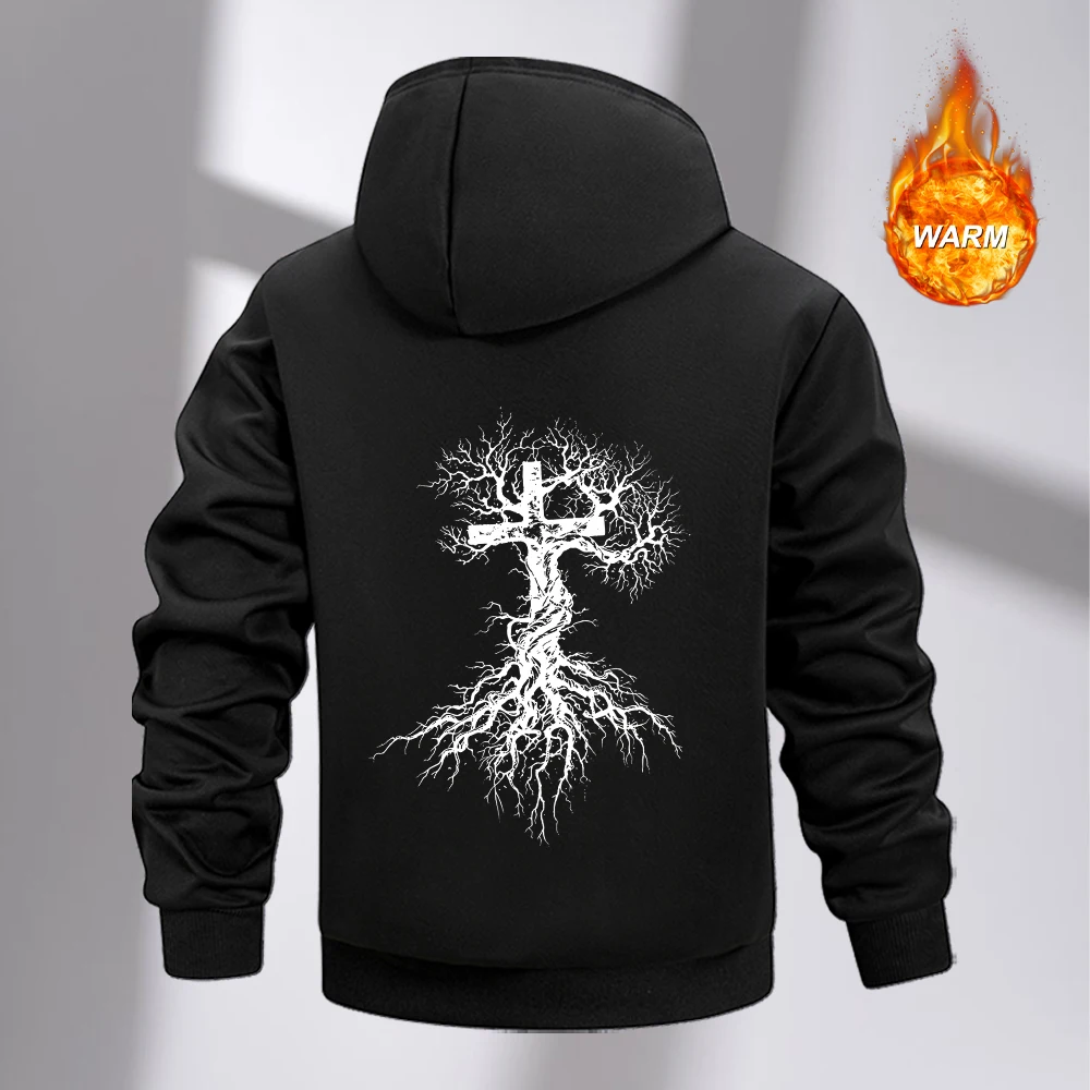 Men's Casual Zipper Hoodie With Dead Tree And Cross Print Thickened And Warm Suitable For Autumn And Winter Commute And Sports