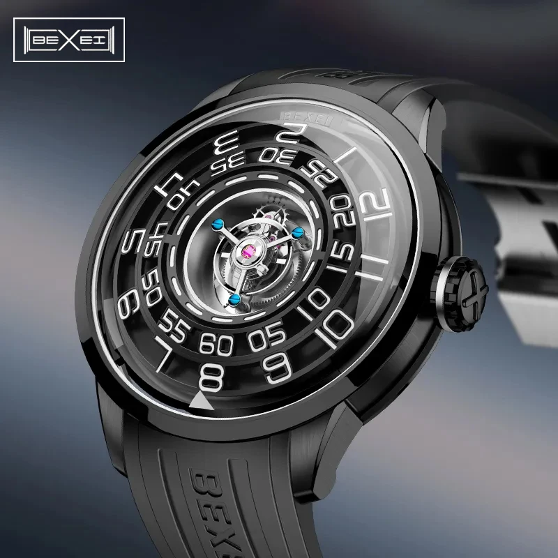 BEXEI Tourbillon mecánico reloj de lujo para hombre centro volador de lujo Tourbillon movimiento Manual reloj de hombre agujero negro hueco 9110