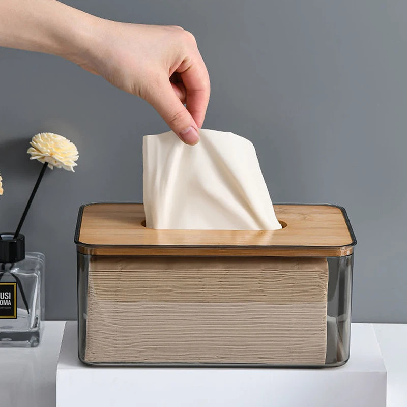 Capa de bambu caixa de tecido suporte de papel transparente para escritório em casa armazenamento multifuncional simples organizador caso
