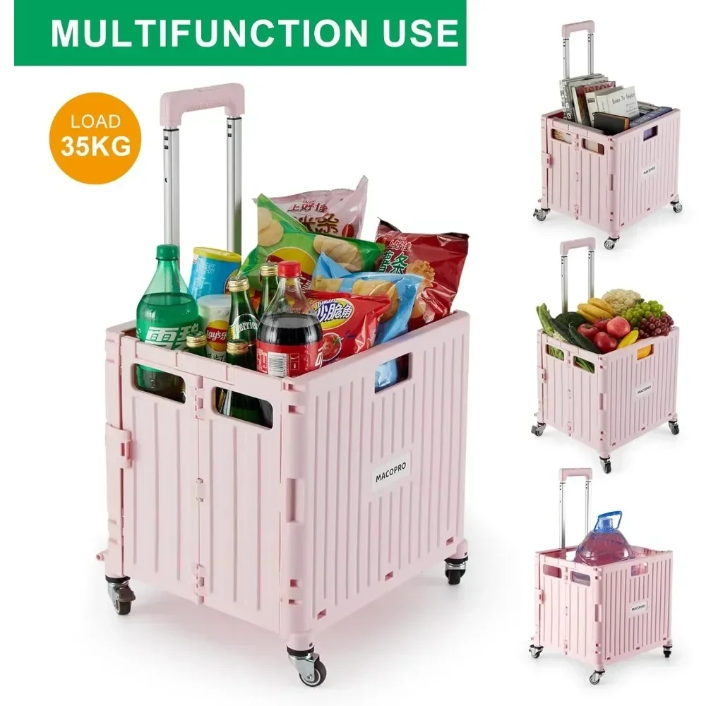 Folding Utility Cart Portable Rolling Crate Handcart Shopping Trolley Collapsible Tool Box, with Lid, Basket on 4 Rotate Wheels