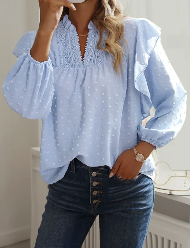 

Women's T-Shirt 2024 Autumn Winter Latest Ruffled Lantern Sleeves Lace Patchwork Top Pullover Loose Fit Long Sleeves Blouses