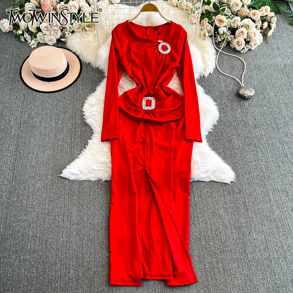 

TWOTWINSTYLE Solid Slimming Temperament Dress For Women Round Neck Long Sleeve High Waist Dresses Female Fashion New KDR513434