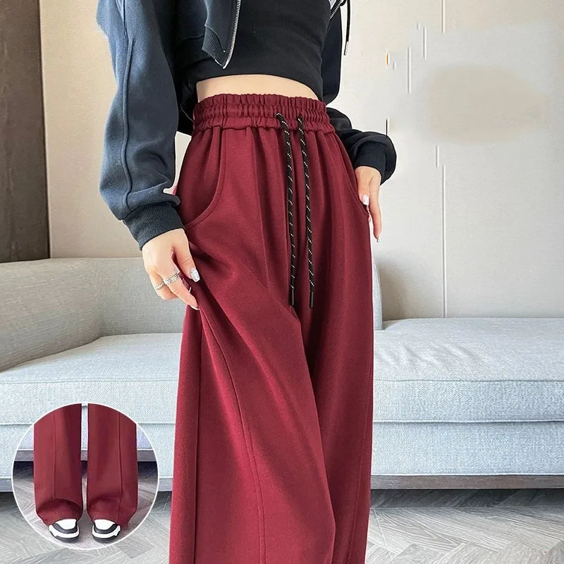 Korean High Waist Sports Pants for Women Autumn 2025 New Retro Y2K Baggy Straight Sweatpants Casual Versatile Wide Leg Trousers