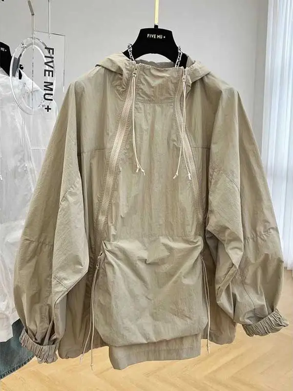 Chaqueta informal holgada y fina con doble cremallera y protección solar, talla grande 300 Pou, abrigo de moda para primavera y verano para ir al trabajo