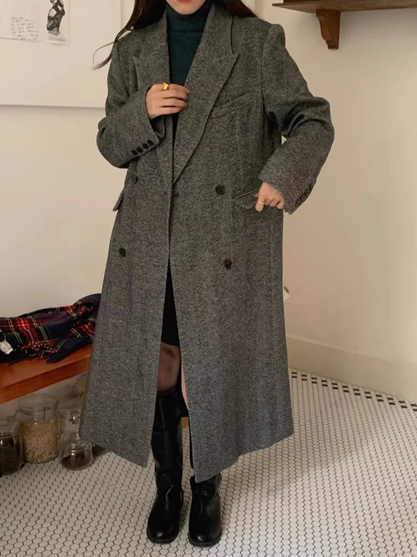 

Classic Retro Tweed Suit Coat Women's Winter New Loose Long Sve Double Breasted Korean Sle Long Coat Korean Faion