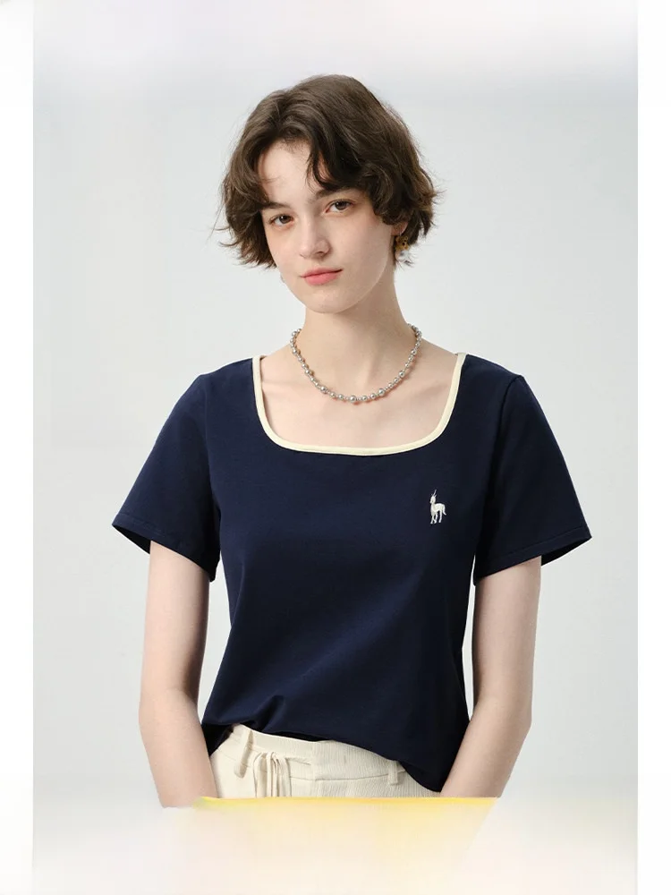 

Футболка из хлопковой ткани Ice Cotton с квадратным воротником и коротким рукавом, охлаждающая, с цветовыми блоками, летний топ для женщин больших размеров, повседневный стиль B...