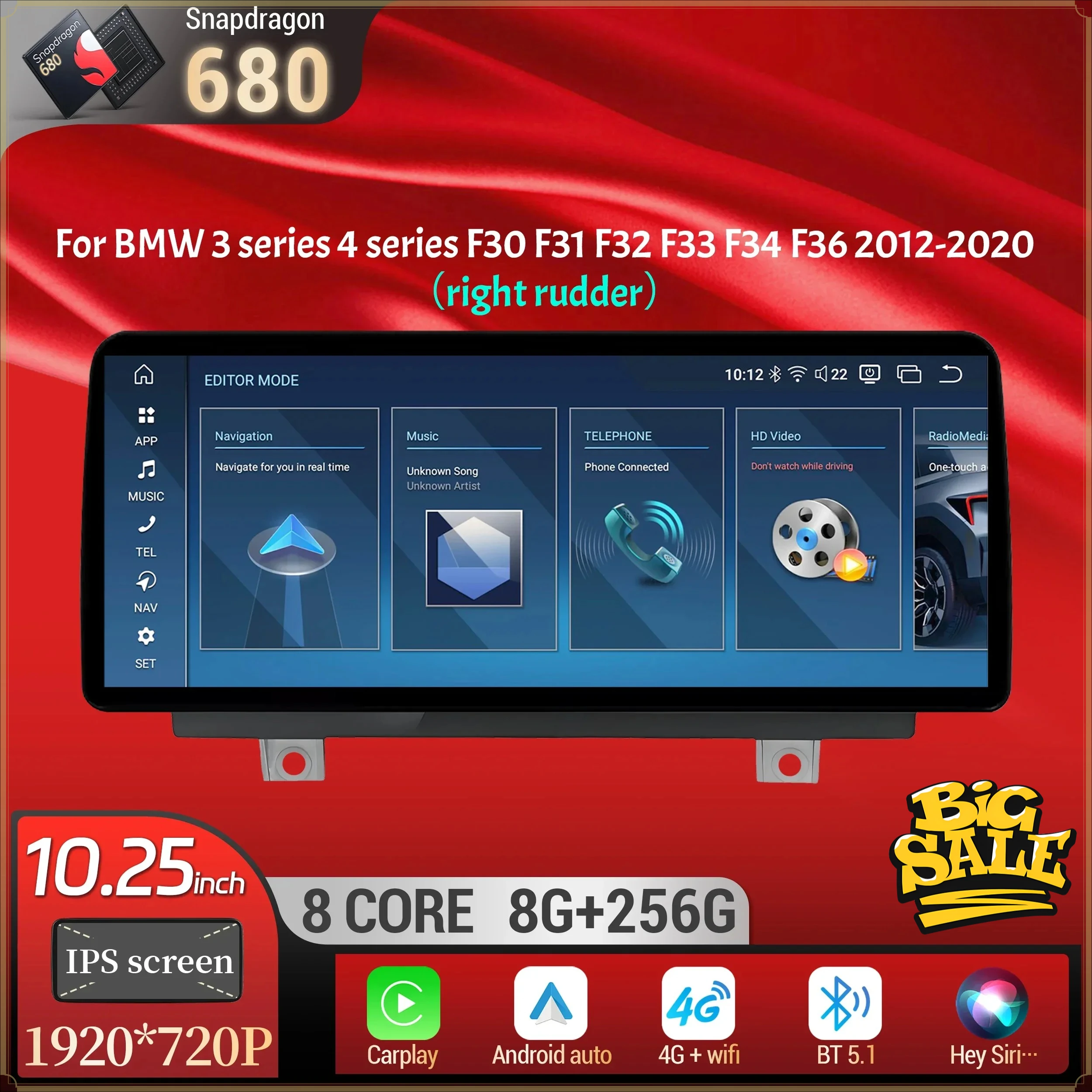 10.25 inch For BMW 3 series 4 series F30 F31 F32 F33 F34 F36 2012-2020 RHD Android 14Car Radio BT Carplay Snapdragon 680 Screen
