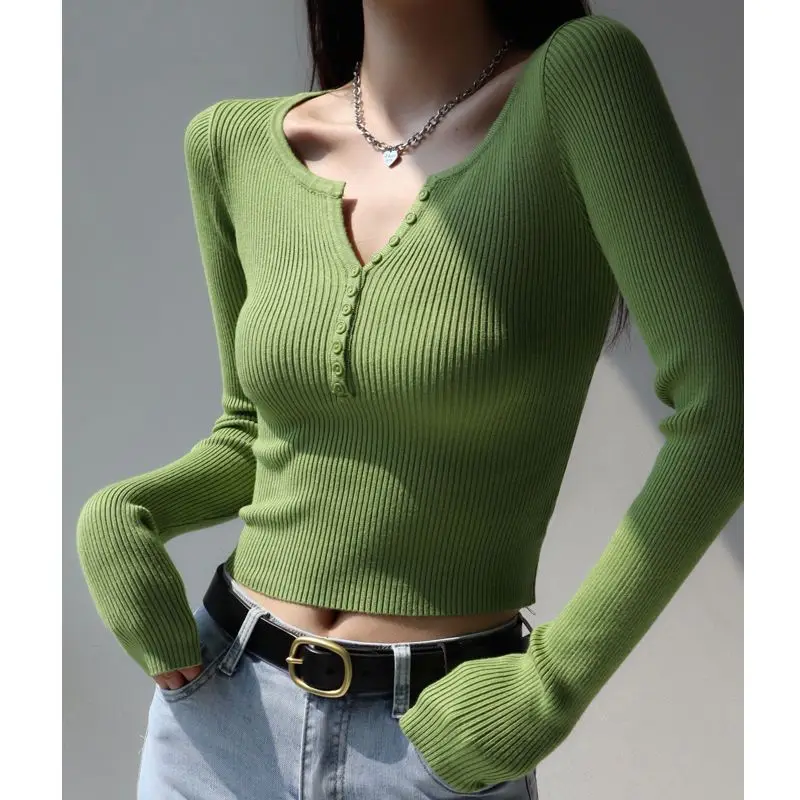 Korejpaa French Retro Pull Femme Knitwear V-neck Knitted Bottoming Shirt Women 2024 Spring Korean Fashion Slim Sweater Top