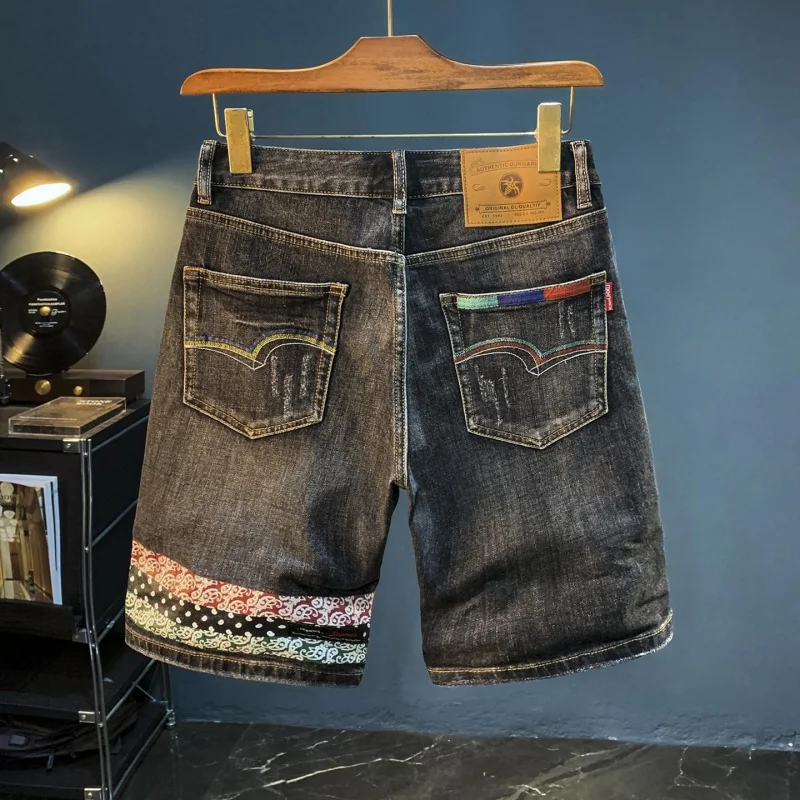 Men's Denim Shorts 2026 Vintage Embroidered with Ripped Pattern Classic Street Style Trendy Summer Casual Daily 5 Inches