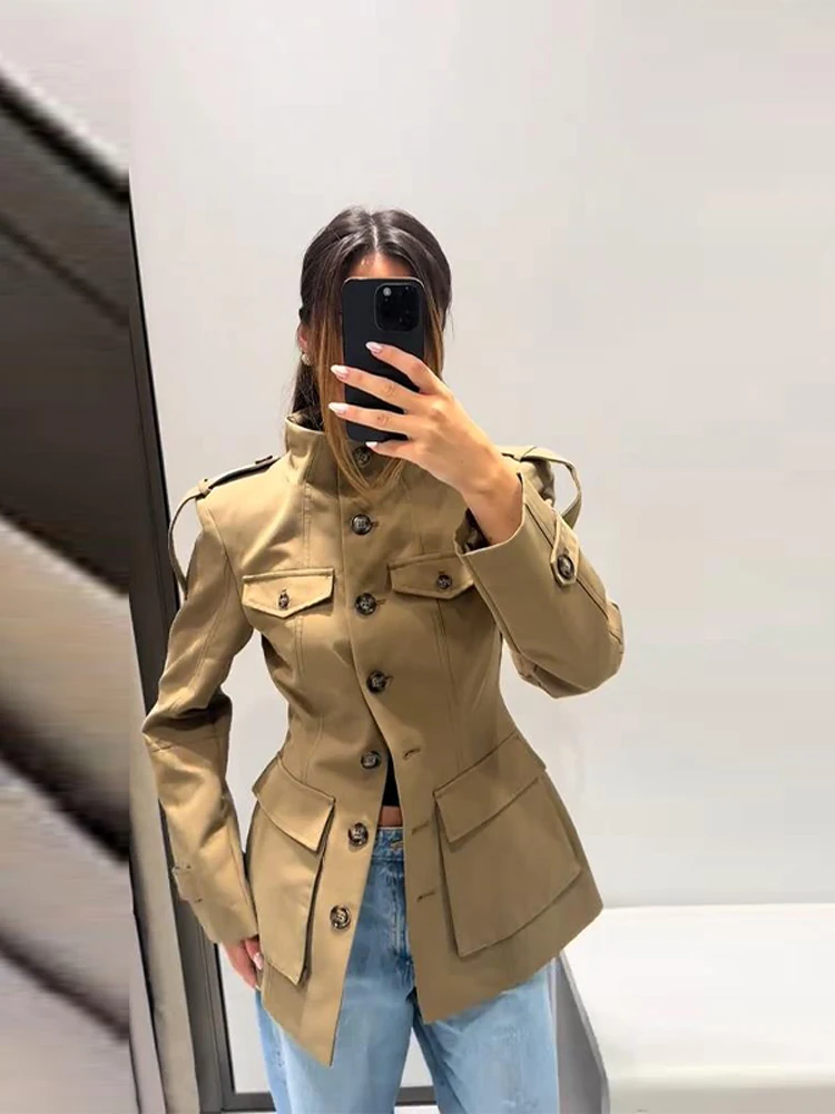 Pocket Stand Collar Long Sleeves Jacket Woman Single Breasted Solid Color Waist Cinching Jackets Versatile Women’s New Jackets 6 Pocket Stand Collar Long Sleeves Jacket Woman Single Breasted Solid Color Waist Cinching Jackets Versatile Women's New Jackets 6