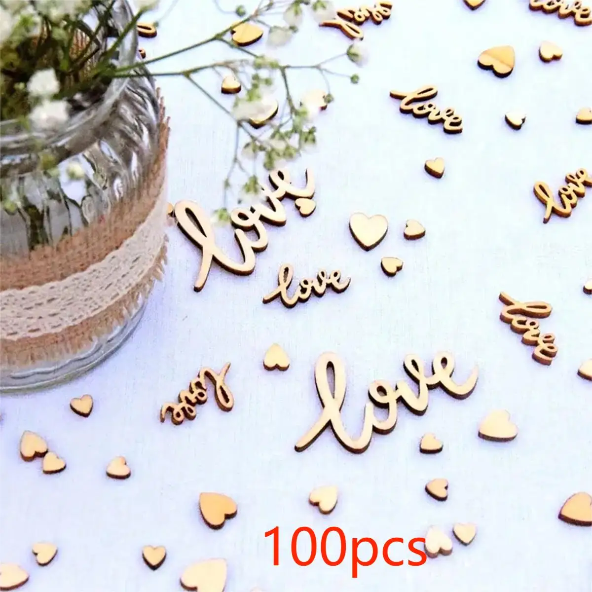 1 Pack, 100pcs Wooden Love Confetti And Hearts Mixed Natural Rustic Wedding Table Decorations DIY Cutouts Crafts