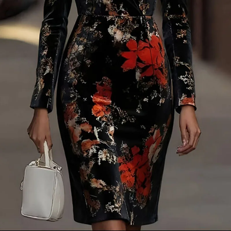 Vestido Retro elegante de terciopelo con estampado Floral para mujer, vestido ajustado de cintura alta con cuello en V, vestido de oficina de manga larga para Otoño e Invierno