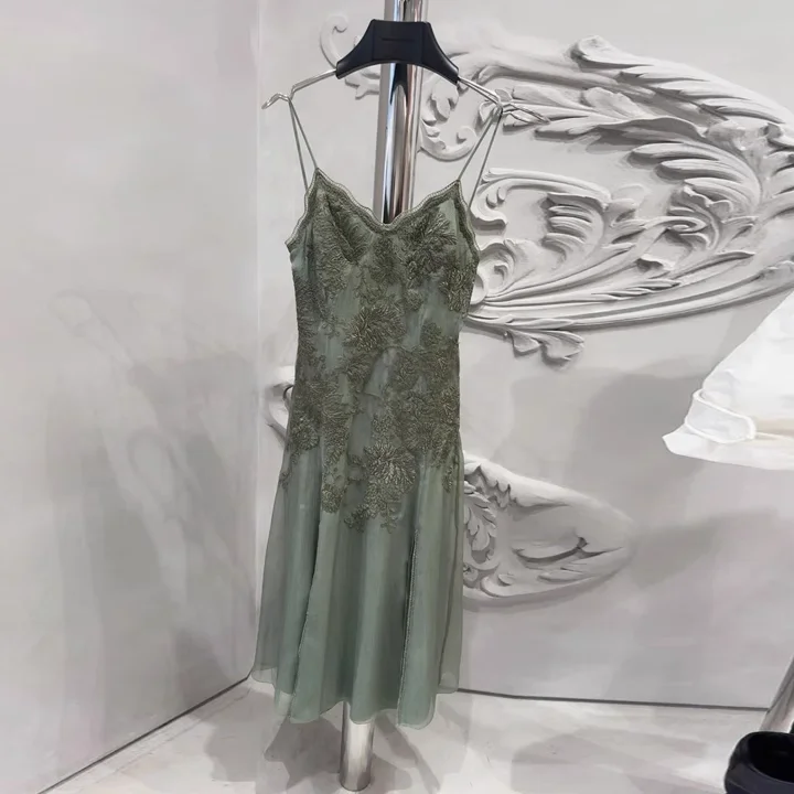 

Sexy Women Spaghetti Strap Dress Luxury Brand Name Black Silk Dress Long Fashion Lace Army Green Mini Dress