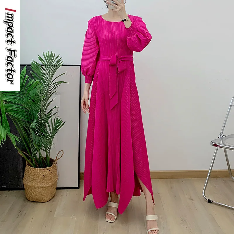 

Pleated Miyake Solid Lantern Sleeves Large Swing Dress 2024 Autumn New Long O-Neck Lace Up Large Size Slim Middle Eastern Women