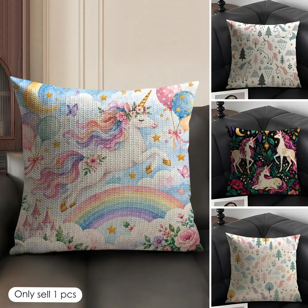 Kids Unicorn Pink & White Cushion Cover Skin-Friendly Organic Linen Pillow Cover Durable Hypoallergenic Washable Soft