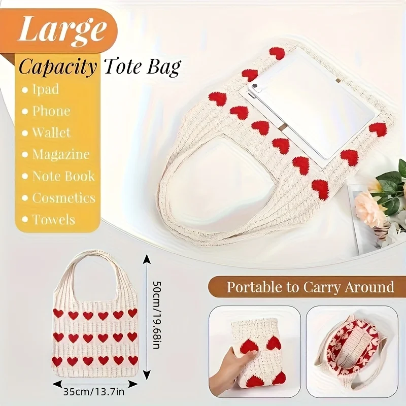 1 Stück Neue Liebesmuster-Stricktasche mit Großer Kapazität, Modische Damen-Schulterhandtasche für Tägliche Einkäufe und Aufbewahrung – Detail 4