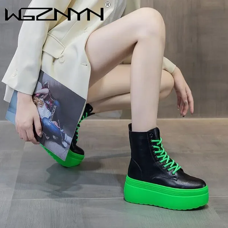 2025 Genuine Leather Ankle Boots Green Platform Sneakers for Women Thick Bottom Casual Women's Lace-up Combat Boots Chunky Shoes - view 6