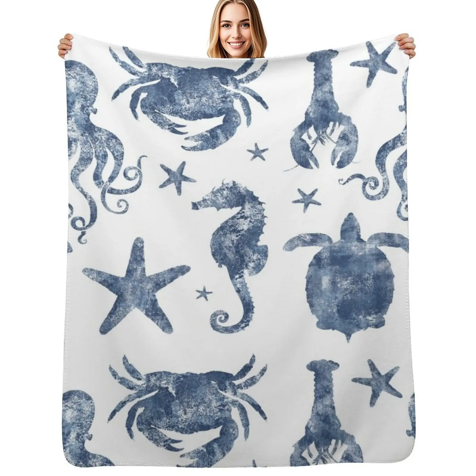 Nautical Marine Life, sea star, seahorse, turtle, octopus, coastal beach Throw Blanket Sofas For Decorative Sofa Blankets