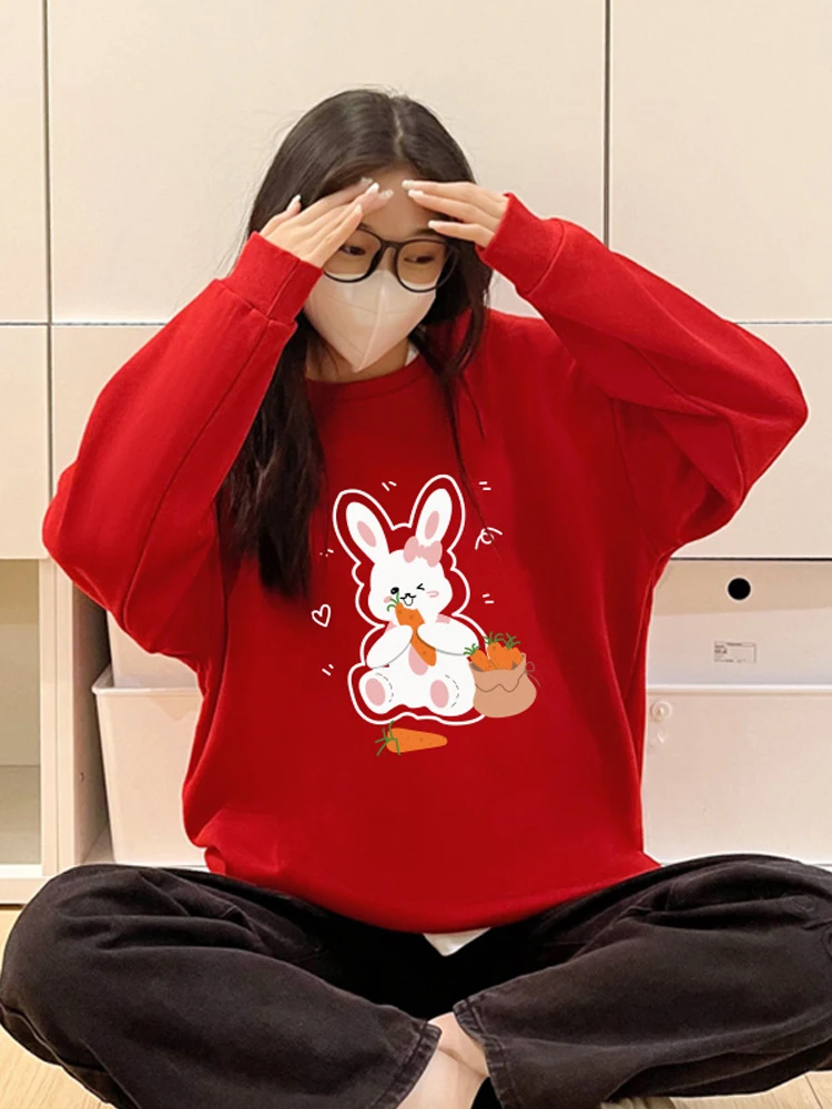 

Модный женский свитшот Red Rabbit Year для зимних праздников, с флисовой подкладкой, удобный, в корейском стиле, с длинными рукавами