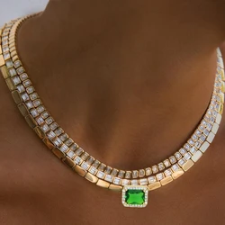 Simple Geometric European Women Fashion Trendy Jewelry High Polished Rectangle Beads Single Big Colorful CZ Choker Necklace