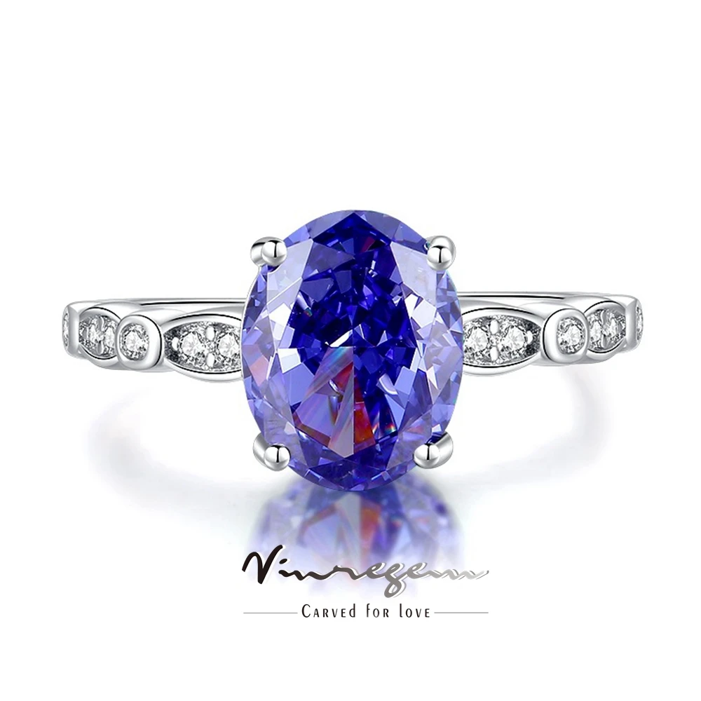 Vinregem 8*10 MM 4CT Oval Tanzanite High Carbon Diamond Gemstone 100% 925 Sterling Silver Ring Wedding Engagement Fine Jewelry