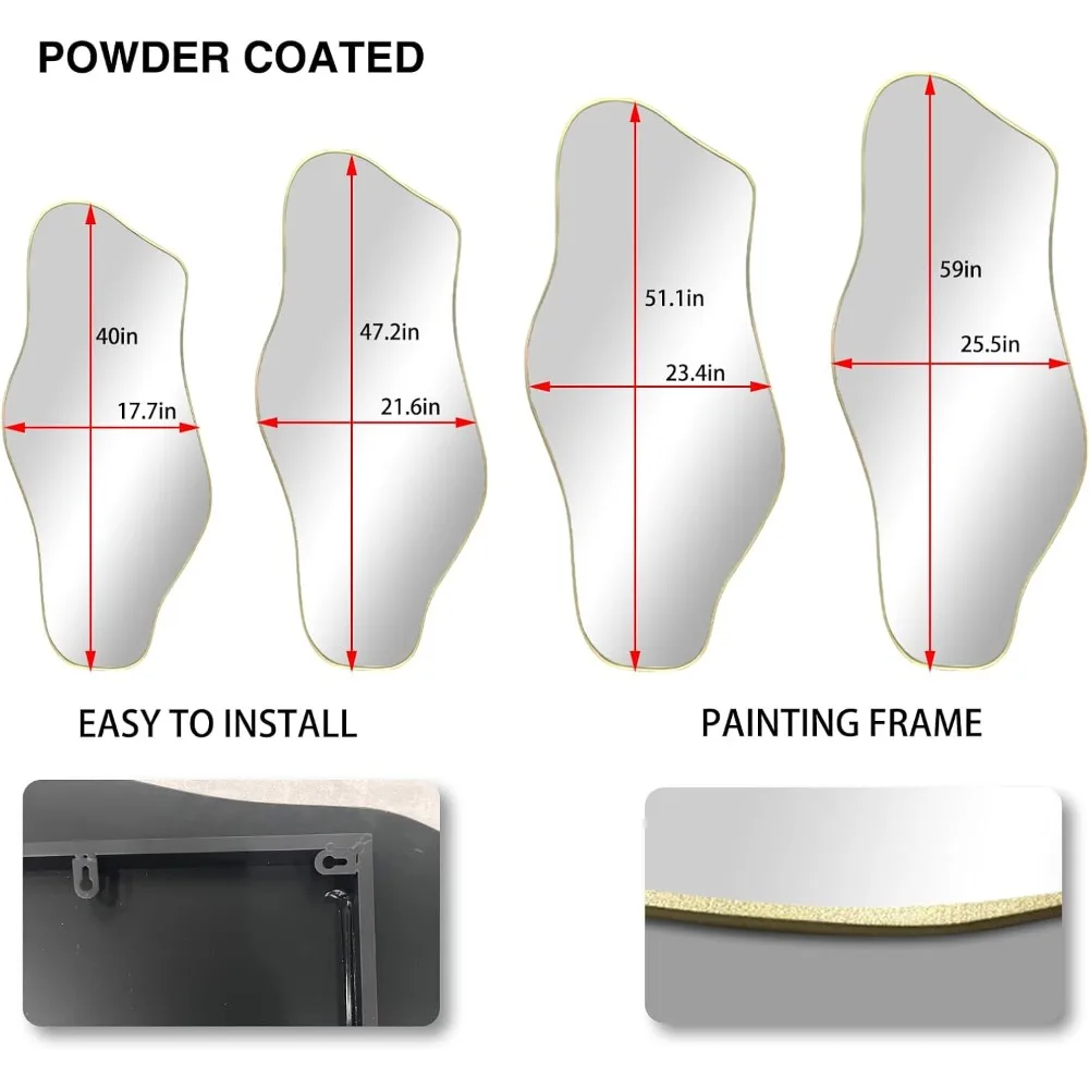 Espelho irregular de comprimento total, 59 "x 25,5" grandes espelhos assimétricos decorativos, espelho em forma de nuvem dourada, ondulado abstrato sem moldura