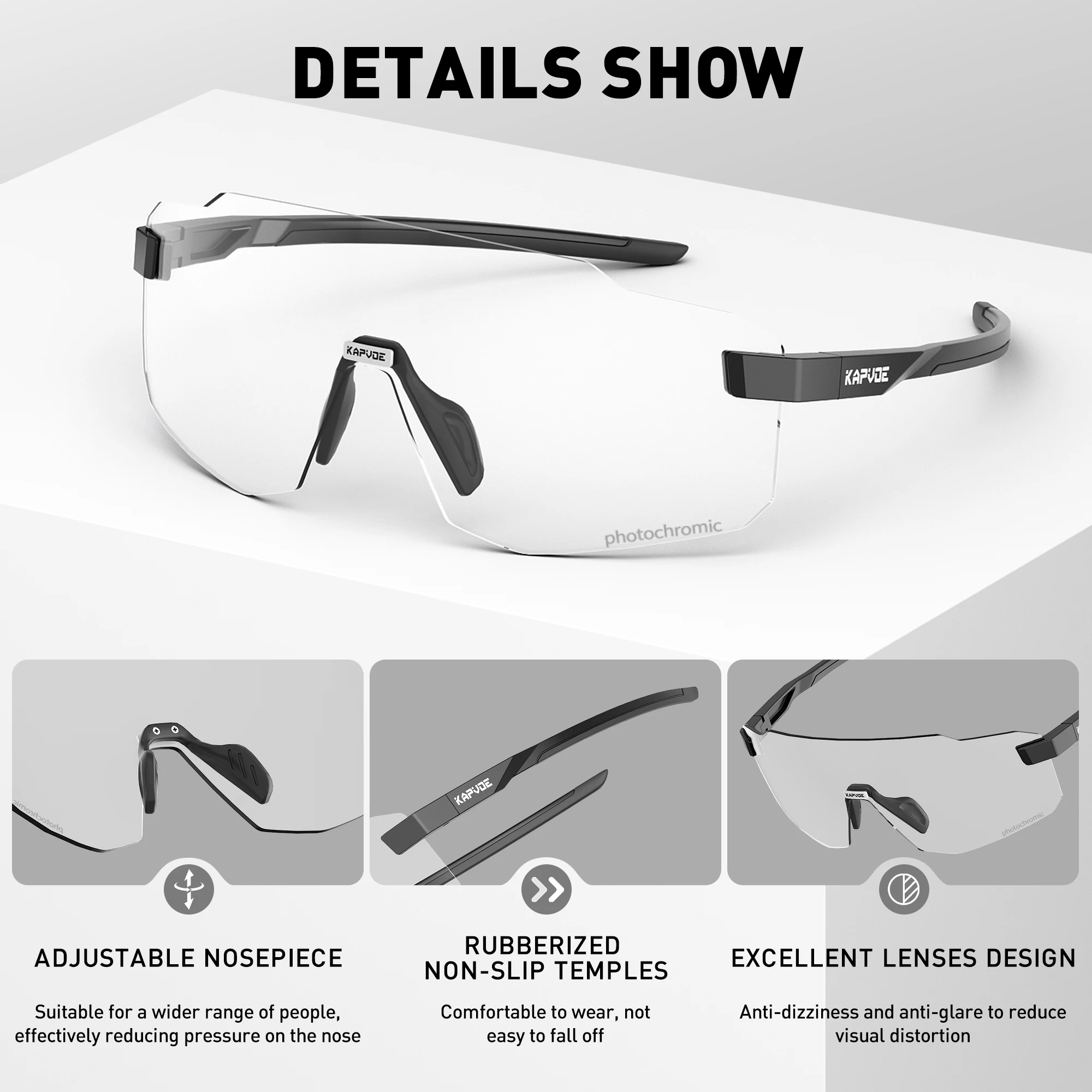 Kapvoe Photochrome Fahrradbrille UV400 Laufsonnenbrille Leichte Fahrrad MTB Fahrradbrille Sport Schutzbrille – Detail 3