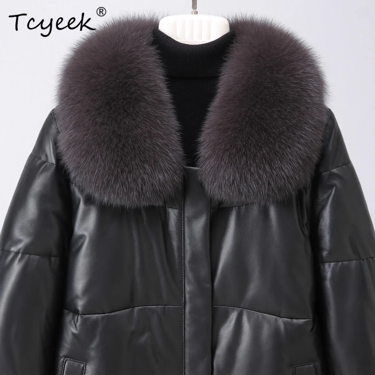 Tcyeek جلد طبيعي أسفل سترة النساء الملابس الشتوية منتصف طويلة معطف جلد الغنم الحقيقي امرأة الدافئة أوزة أسفل معاطف الثعلب الفراء طوق