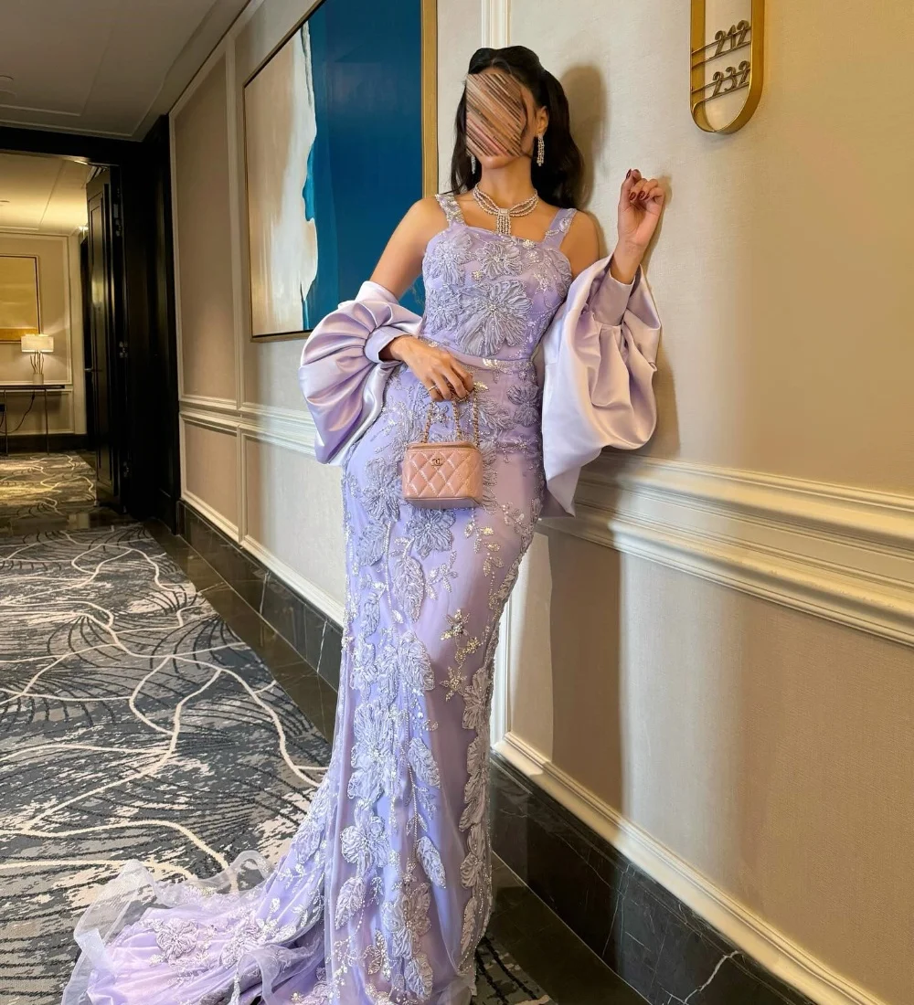 

Customized Purple Intricate Luxury Handmade Flower Beading Sequined Mermaid Square Neck Long Dresses Evening Dresses Exquisite