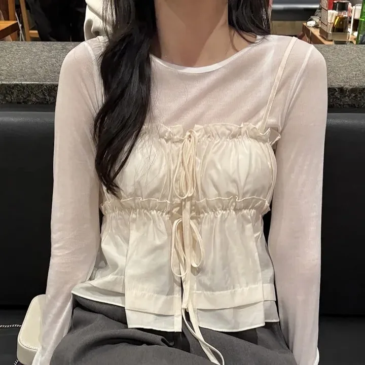 

Chic Spring Summer Sweet Lace Trim Sexy Knot Tied Bandage Front Ba Layered Strap Vest Women's Korean Sle Straig...