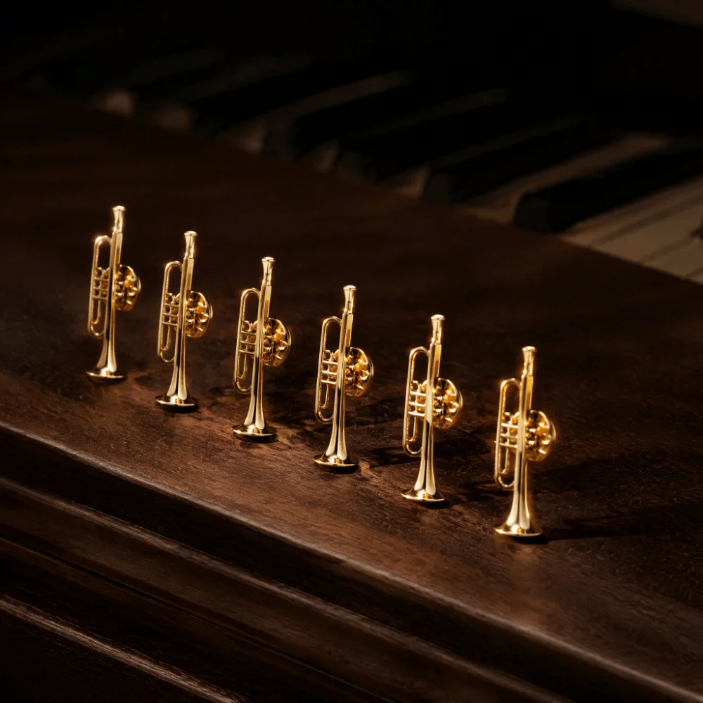 6pcs Pin Back Musical Instrument Brooch Gold Finish Alloy Material Trumpet Brooch Pin Multi‑Pattern Set Shape Brooch Pin