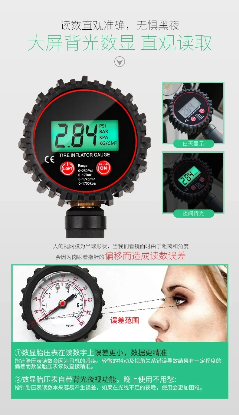 High precision tire pressure gauge with inflatable car tire pressure gauge digital display inflation gun