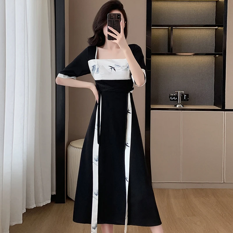 Women Black Long Dresses Summer Female Square Collar ​Short Sleeve Large Size 4XL Elegant Cotton Landscape Printed  Slim Vestido