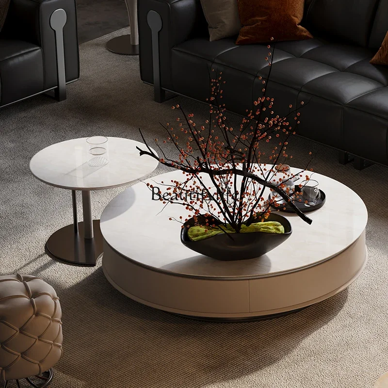 

yj9 Italian minimalist natural marble coffee table round, living room household light luxury size round coffee table combination