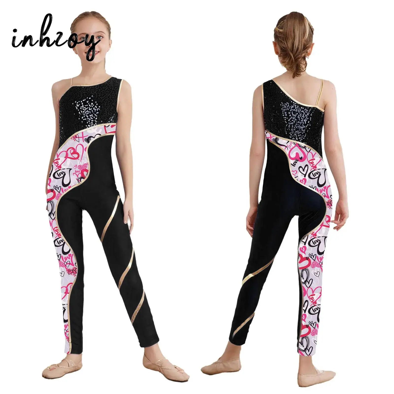 어린이 소녀 발레 체조 운동 점프 슈트 운동 요가 피트니스 바디 슈트 무용 공연을위한 민소매 스팽글 롬퍼