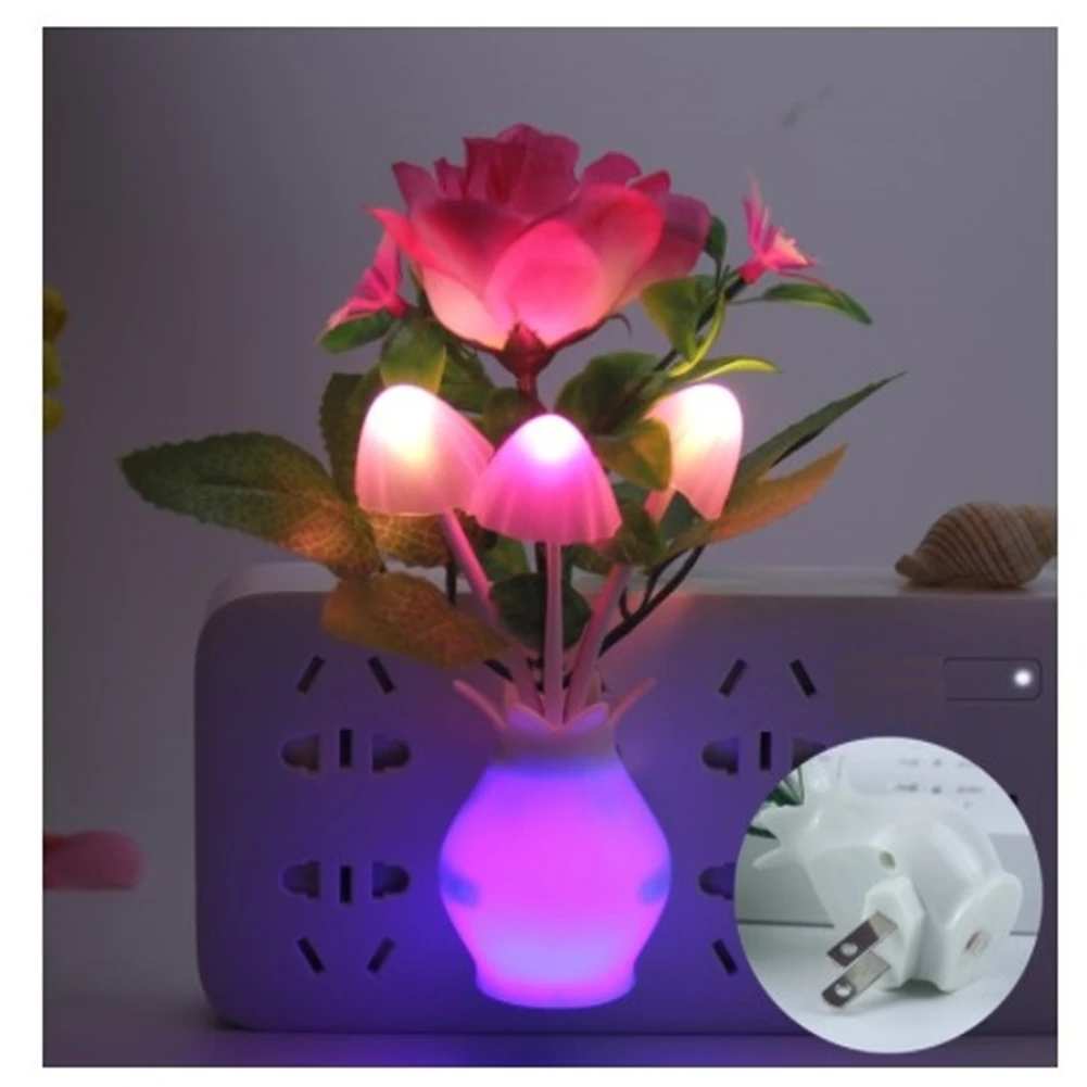 Luz Nocturna Led con Sensor, interruptor automático enchufable, inserto de flor rosa, seta, lámpara de noche, luz de pared, Linda luz nocturna para niños