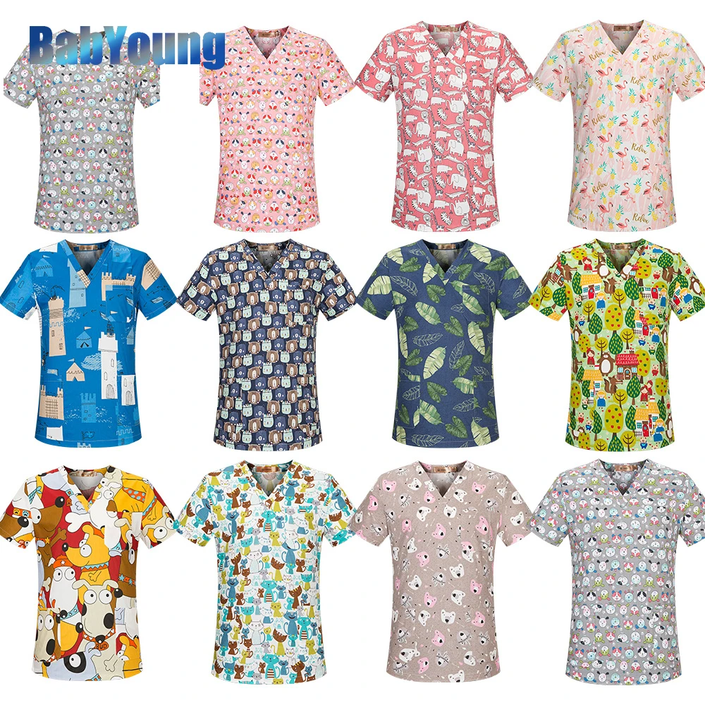 Scrubs 17 Color V-Neck Pet Beauty Salon Spa Uniform Shirt Print Scrub Tops 100%Cotton Health Workers Wear Clothes