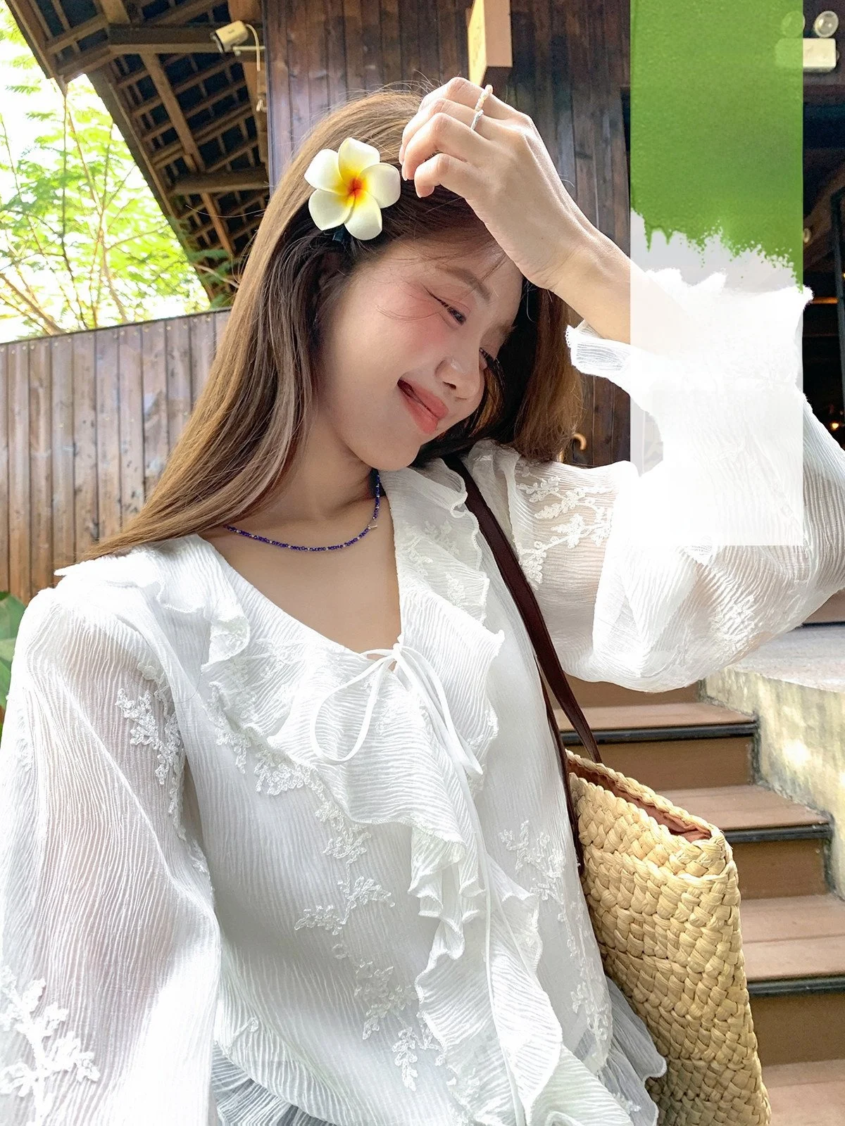 

Sisilyon French Sle Embroidered Ruffle Hem Chiffon Blouse Women's Gentle Wind Pleated 3D Embroidery White irt Small Size