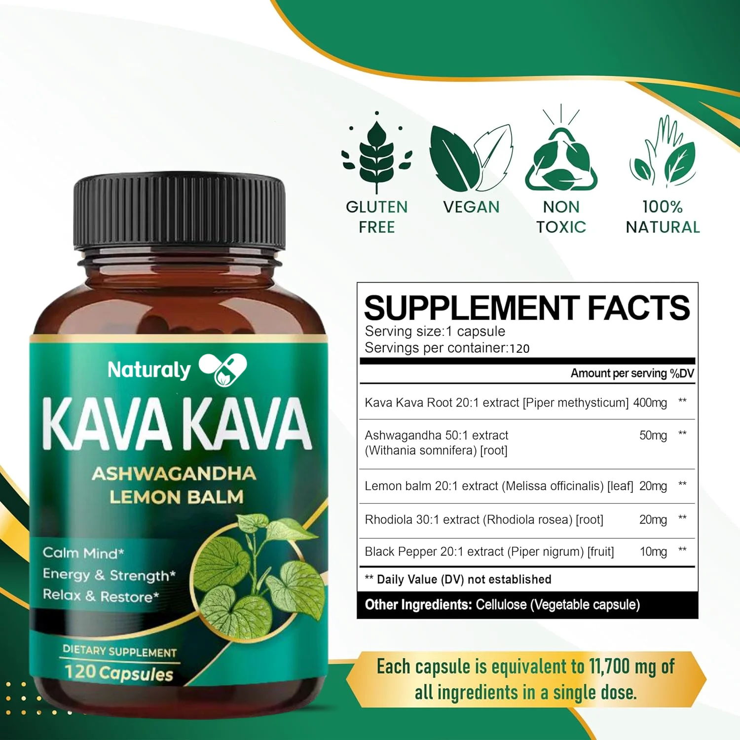 Kava Kava 11700mg - X 15 Power with Ashwagandha Lemon Balm - Strength, Relax, Restore