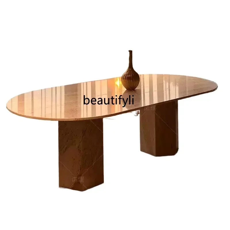 cqyNatural travertine dining table, antique square dining table, modern simple Italian minimalist light luxury wabi sabi style