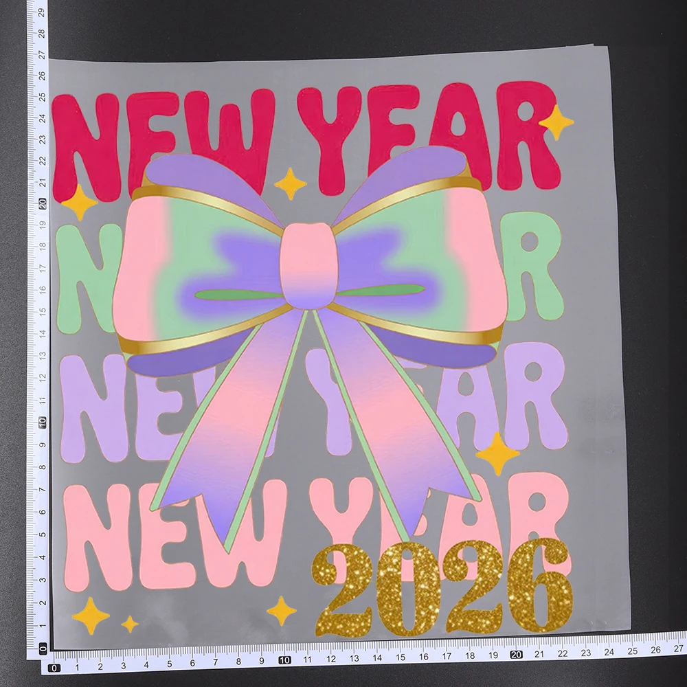 25CM Happy New Year 2026 Celebrating Bow Heat Transfer Patches For Clothes DIY A-Level Washable Shirt Iron-on Thermal Sticker