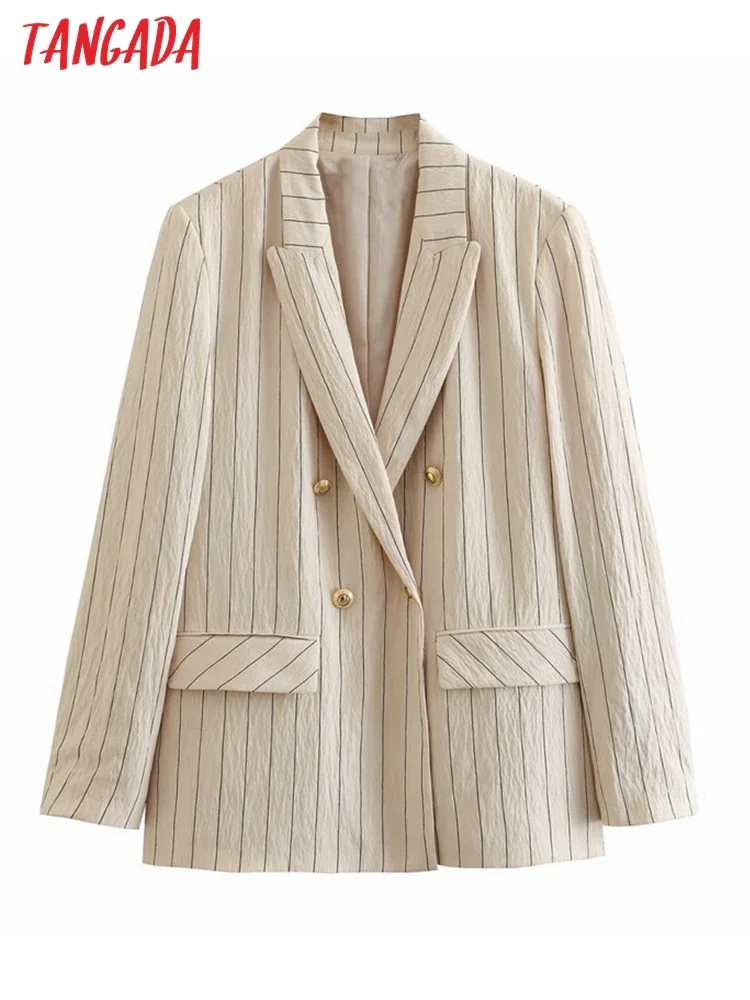 Tangada 2023 Women Striped Print Blazer Coat Vintage Long Sleeve Flap Pockets Female Suit QD128