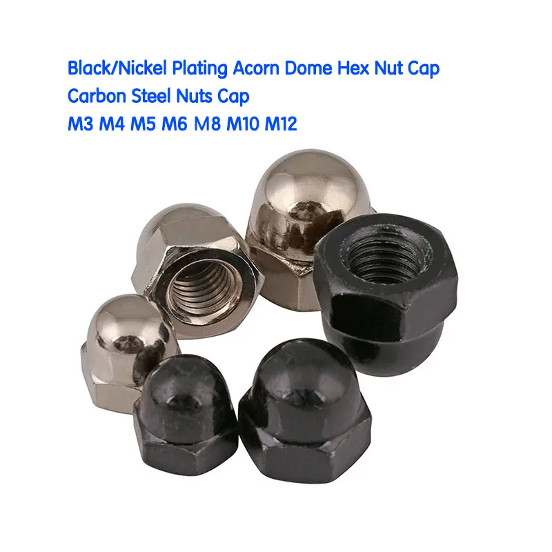 5-40 Pcs M3 M4 M5 M6 М8 M10 M12 Class 4.8 Black/Nickel Plating Dome Nuts Cap Carbon Steel Acorn Hex Cap Nut Decoration