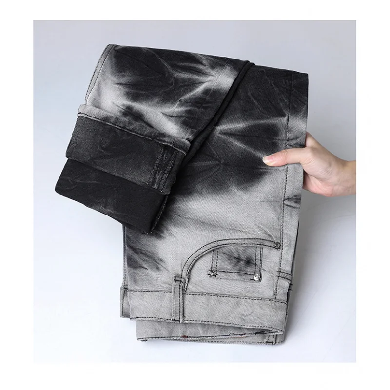 

Ink black and white tie dye print design men's jeans 2025 autumn and winter small straight tube high-end men's pants
