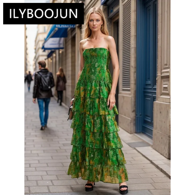 

ILYBOOJUN Colorblock Printing Slim Dresses For Women Slash Neck Sleeveless High Waist Spliced Folds Elegant Dress Female New