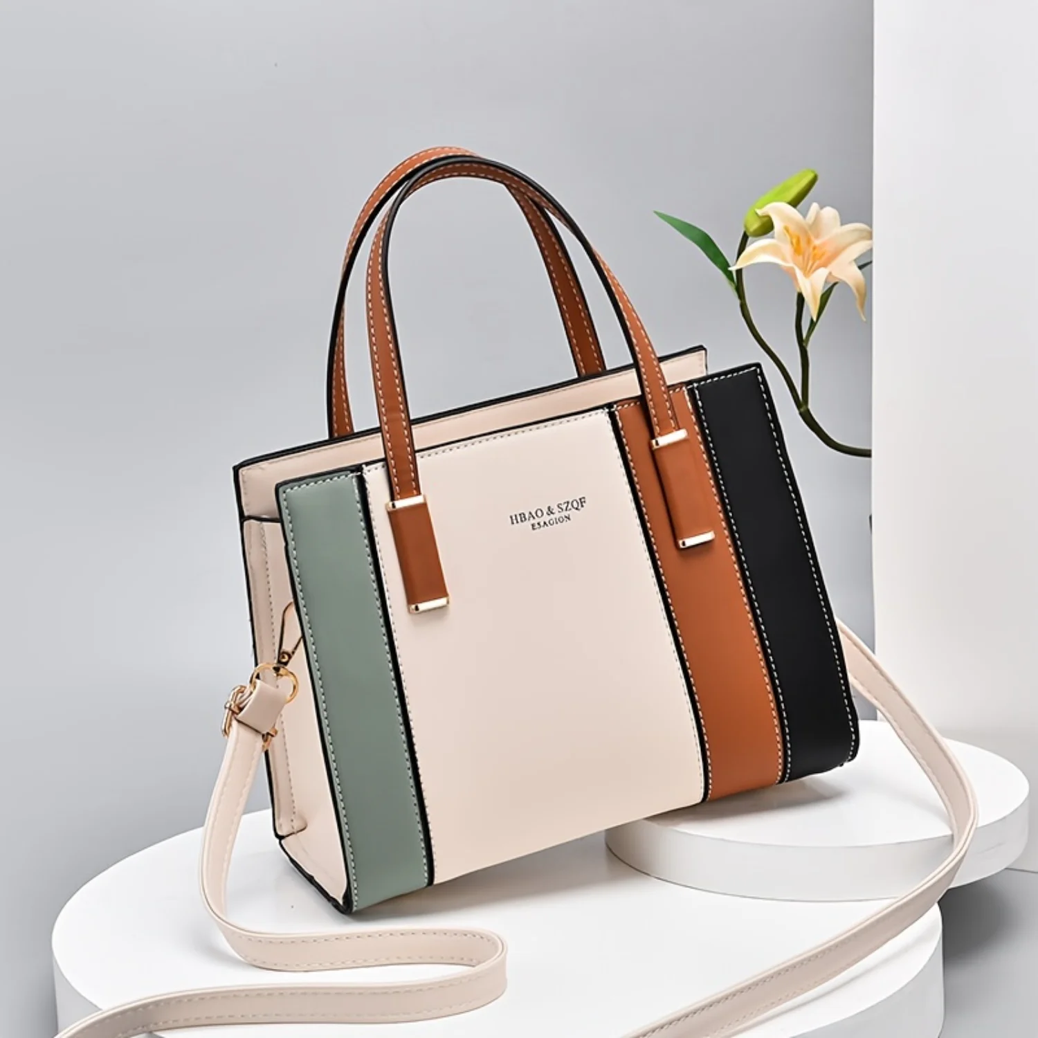 

Chic Color-Block Striped Tote Elegant, Versatile & Secure Zip Handbag - Ideal for Work & Day-to-Day Style