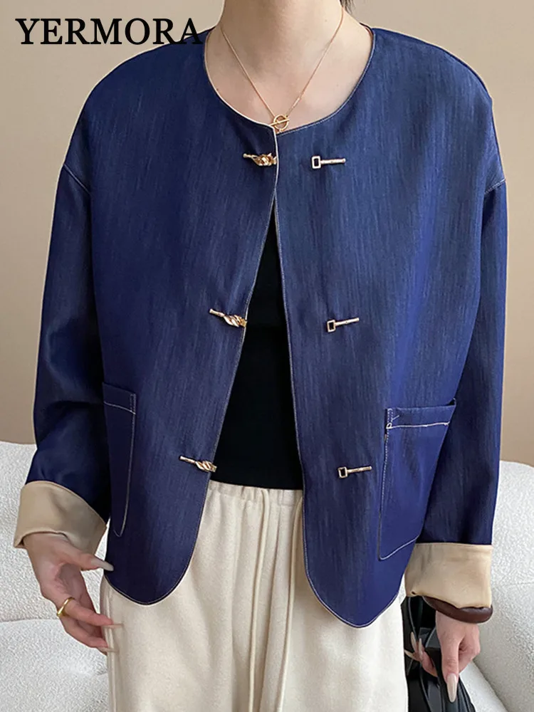 

YERMORA Blue Pocket Reversible Denim Short Jacket For Women O-neck Long Sleeve Loose New Coat Fashion Tide Spring Autumn 2025