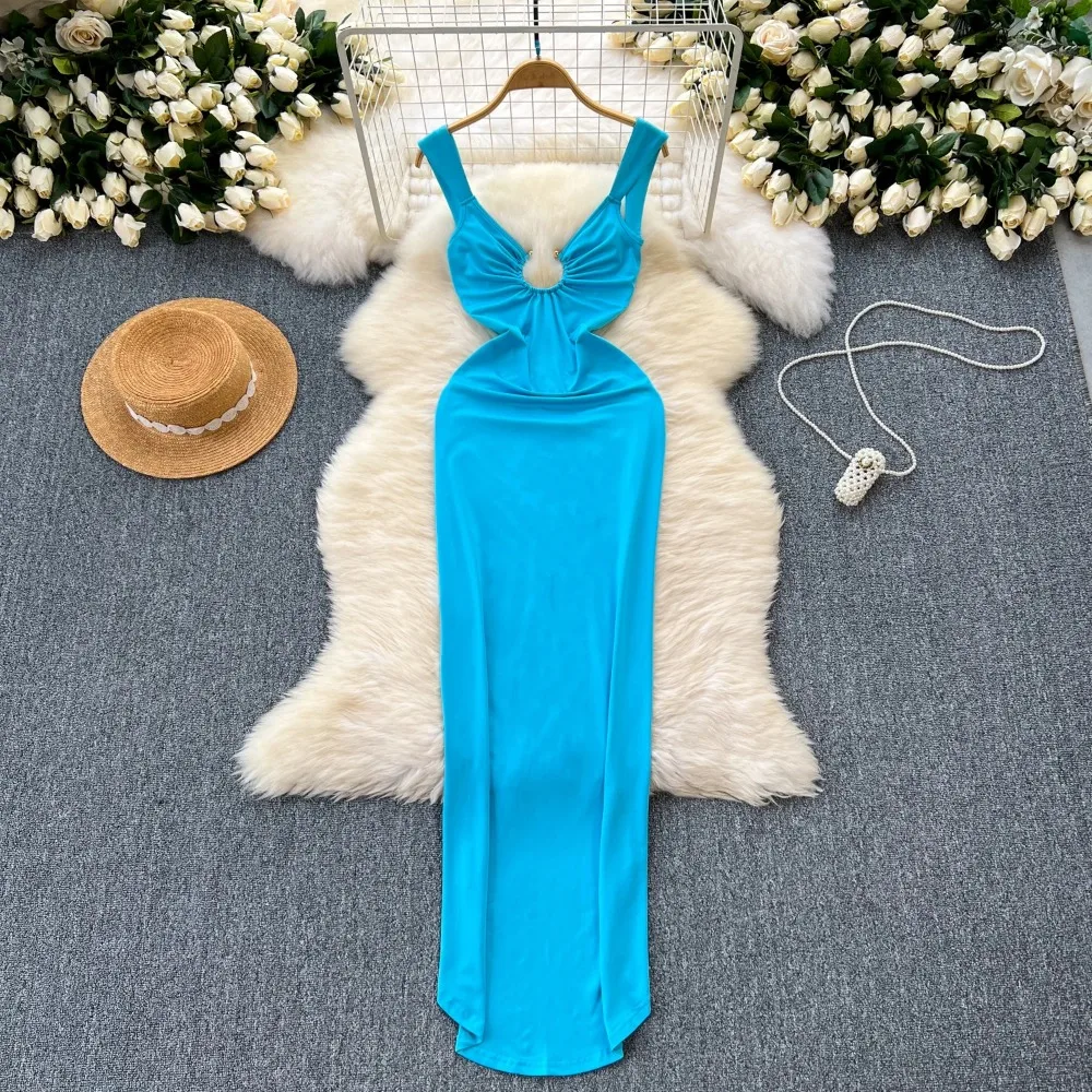 Szykowna, seksowna, bez rękawów, z rozcięciem, sukienka na ramiączkach, plażowa, wąska suknia wieczorowa, damska, kopertowa, ceremonialna sukienka